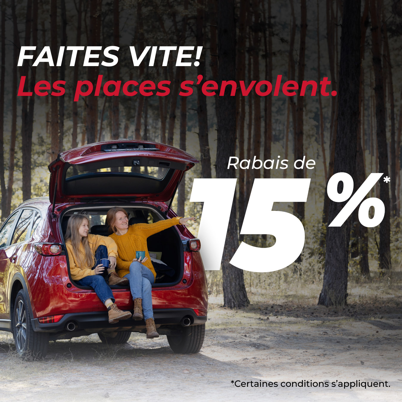 Faites vite, les places s'envolent. Rabais de 15%.